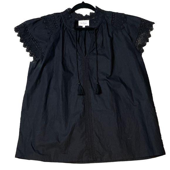 Bohme V-neck Cotton Black Eyelet Trim Blouse With Tassel Woman’s Large - Picture 1 of 5